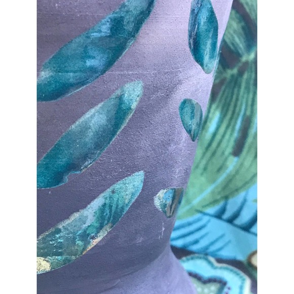 Raku Pottery Vase with Green Leaves on dark charcoal gray - Picture 6 of 8